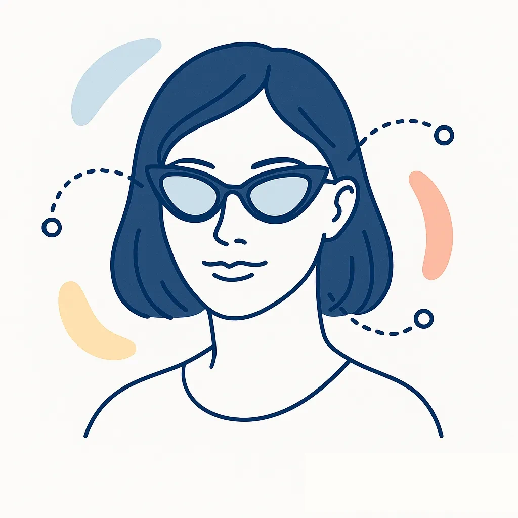 A stylish figure with an oval face wears cat-eye sunglasses as dotted lines emphasize the upward sweep accentuating the cheekbones.