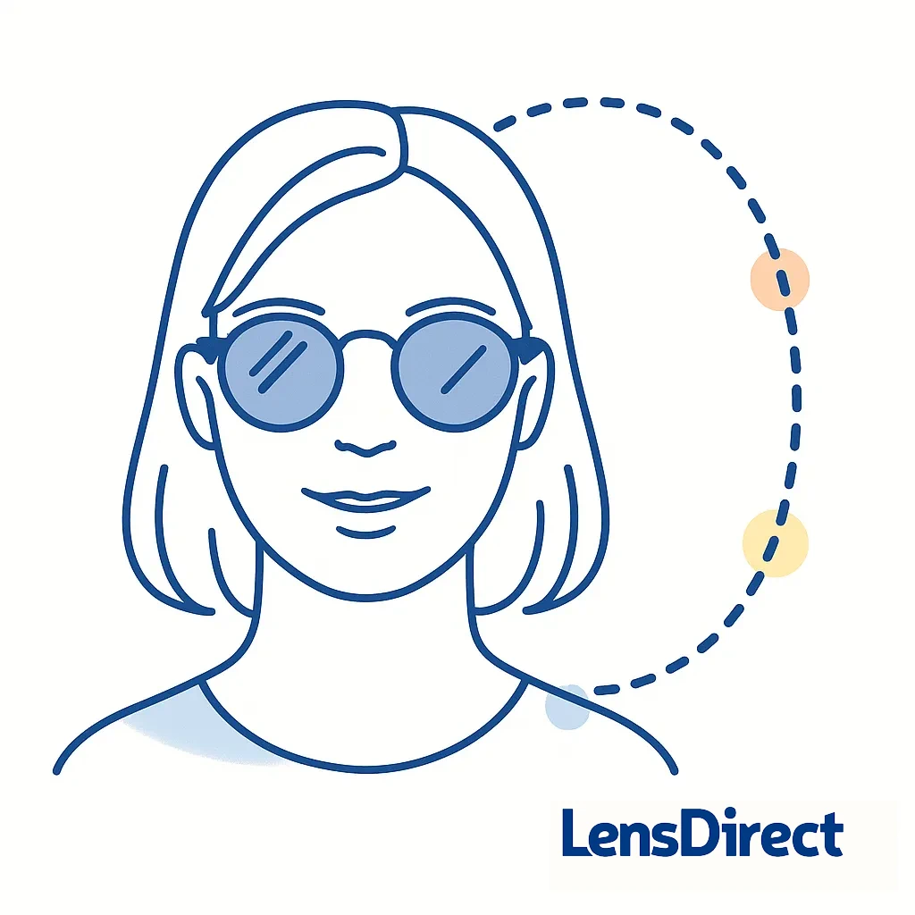 An oval-faced person sports round sunglasses with dotted-line accents softening features and adding a playful vintage vibe.