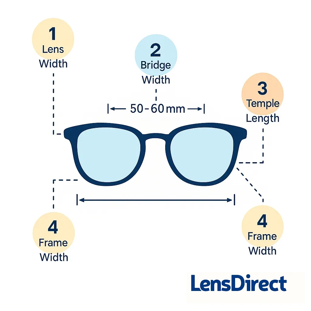 An infographic shows sunglasses with measurement arrows and labels like lens width 50–60mm, bridge width, temple length and frame width.