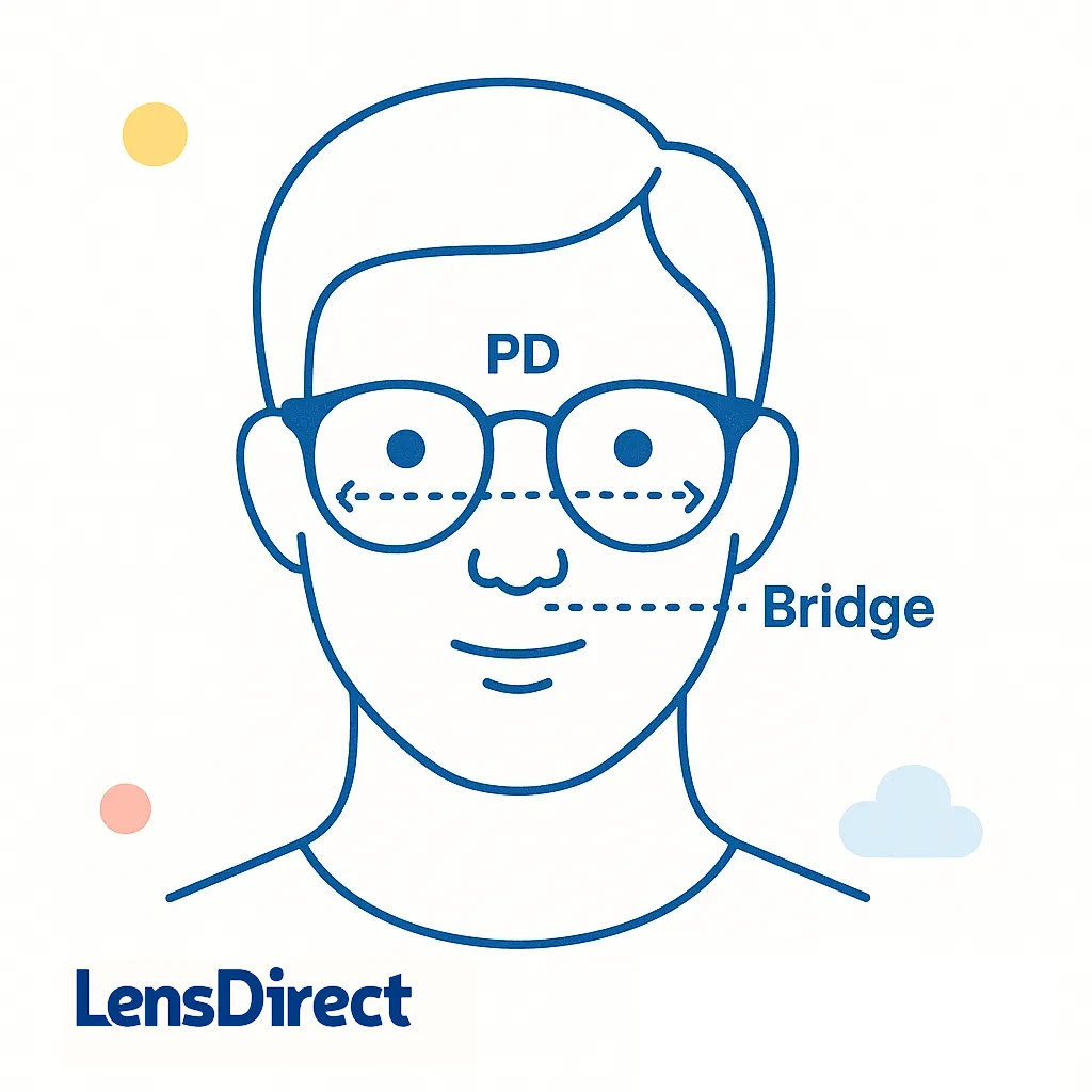 A line art head wearing sunglasses displays dotted lines labeled PD and Bridge to illustrate how to measure pupillary distance and nose bridge.