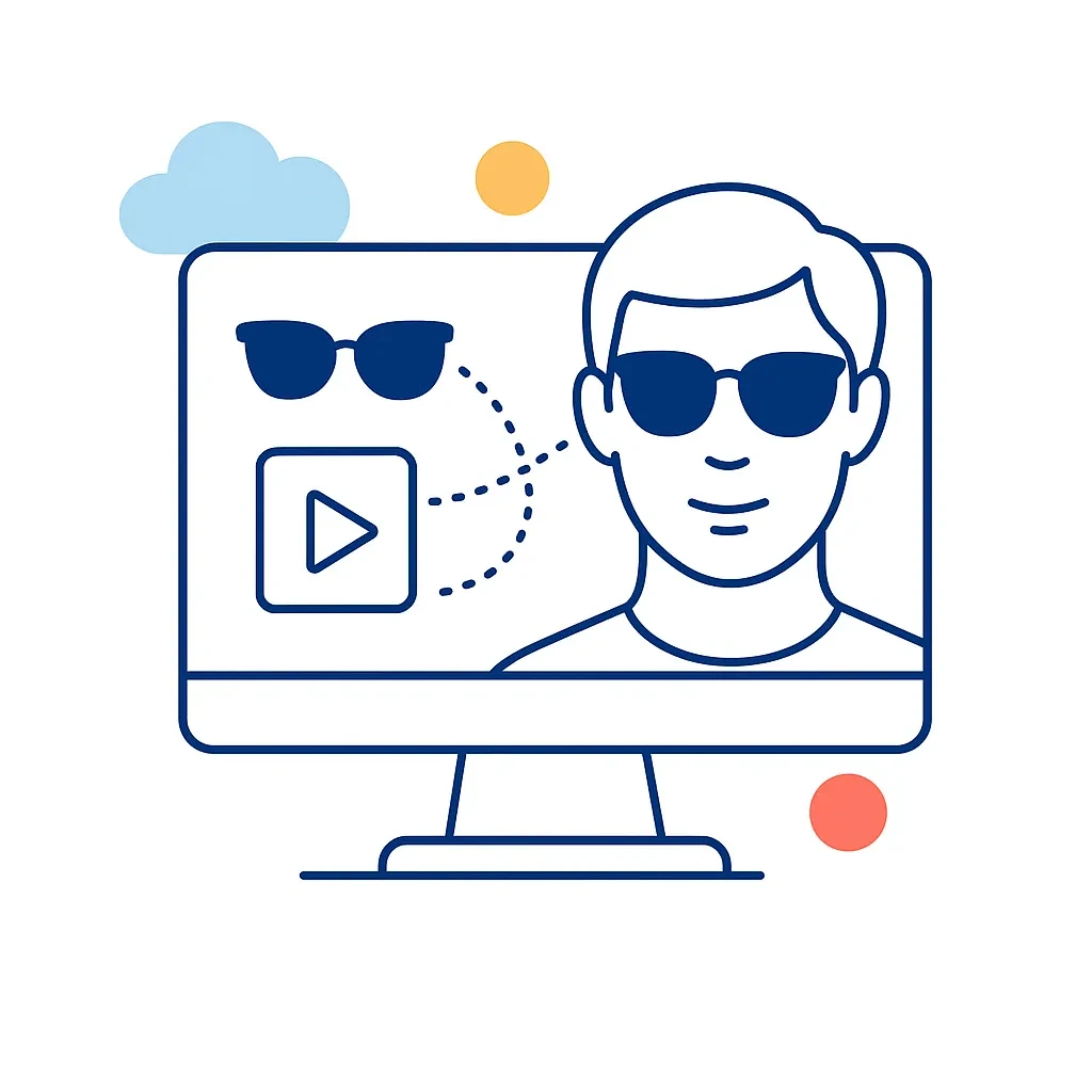 A computer screen shows a line art face wearing sunglasses with icons and dotted lines representing LensDirect’s virtual try-on tool features.