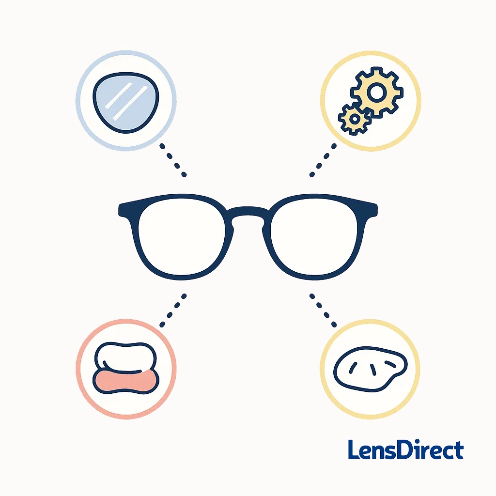 Minimalistic illustration of eyeglasses connected to icons representing clarity, comfort, and precision engineering with dotted lines.
