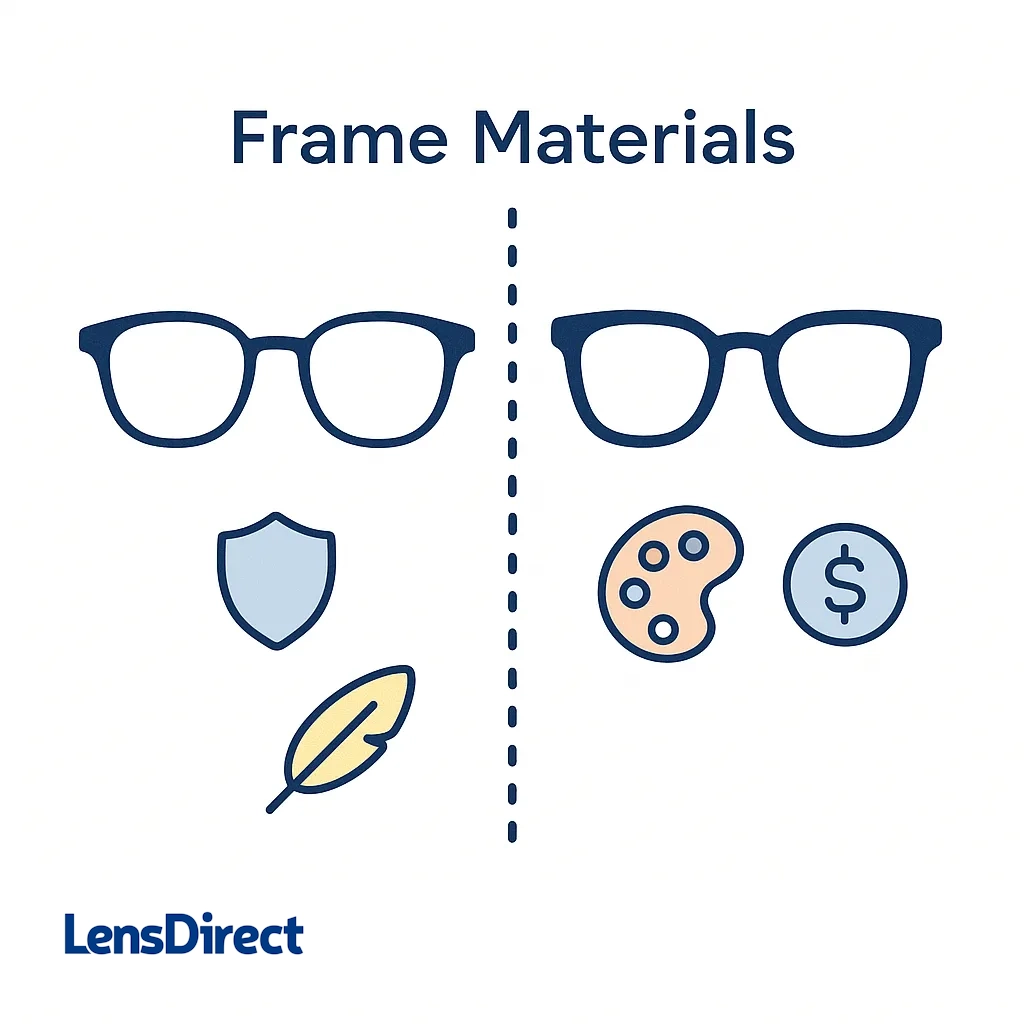 Two frames separated by a dotted line with icons representing durability, lightweight, vibrant colours and affordability.