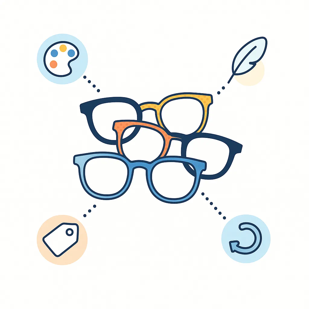 Cluster of colourful frames with dotted lines to icons representing vibrant colours, affordability, lightweight and flexibility.