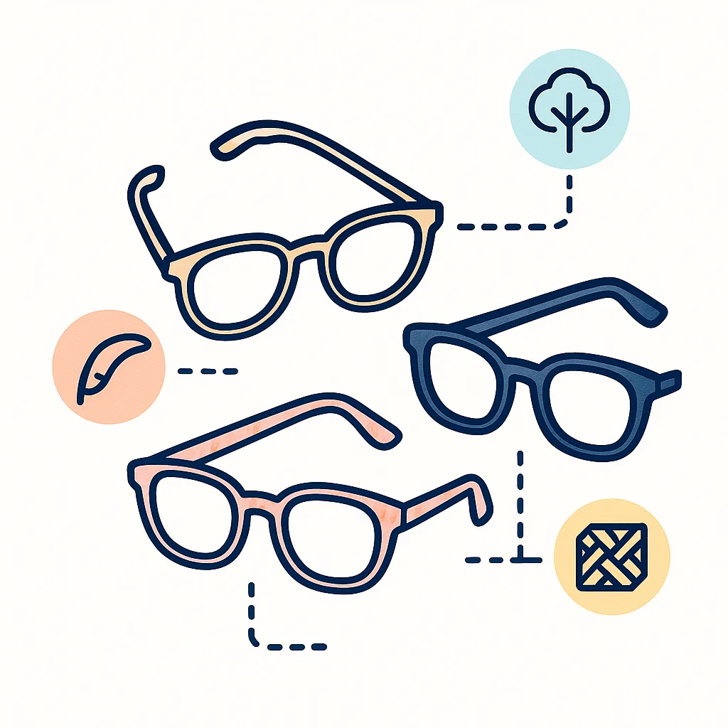 Three frames with patterns representing wood, horn and carbon fibre connected to icons for natural materials and artisanal craftsmanship.