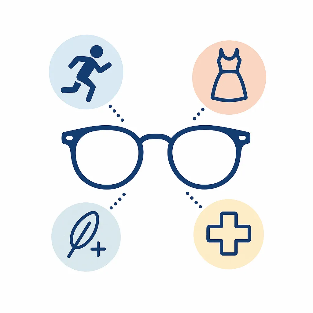 Central frame surrounded by icons of a runner, dress, feather and medical cross representing lifestyle factors in material choice.