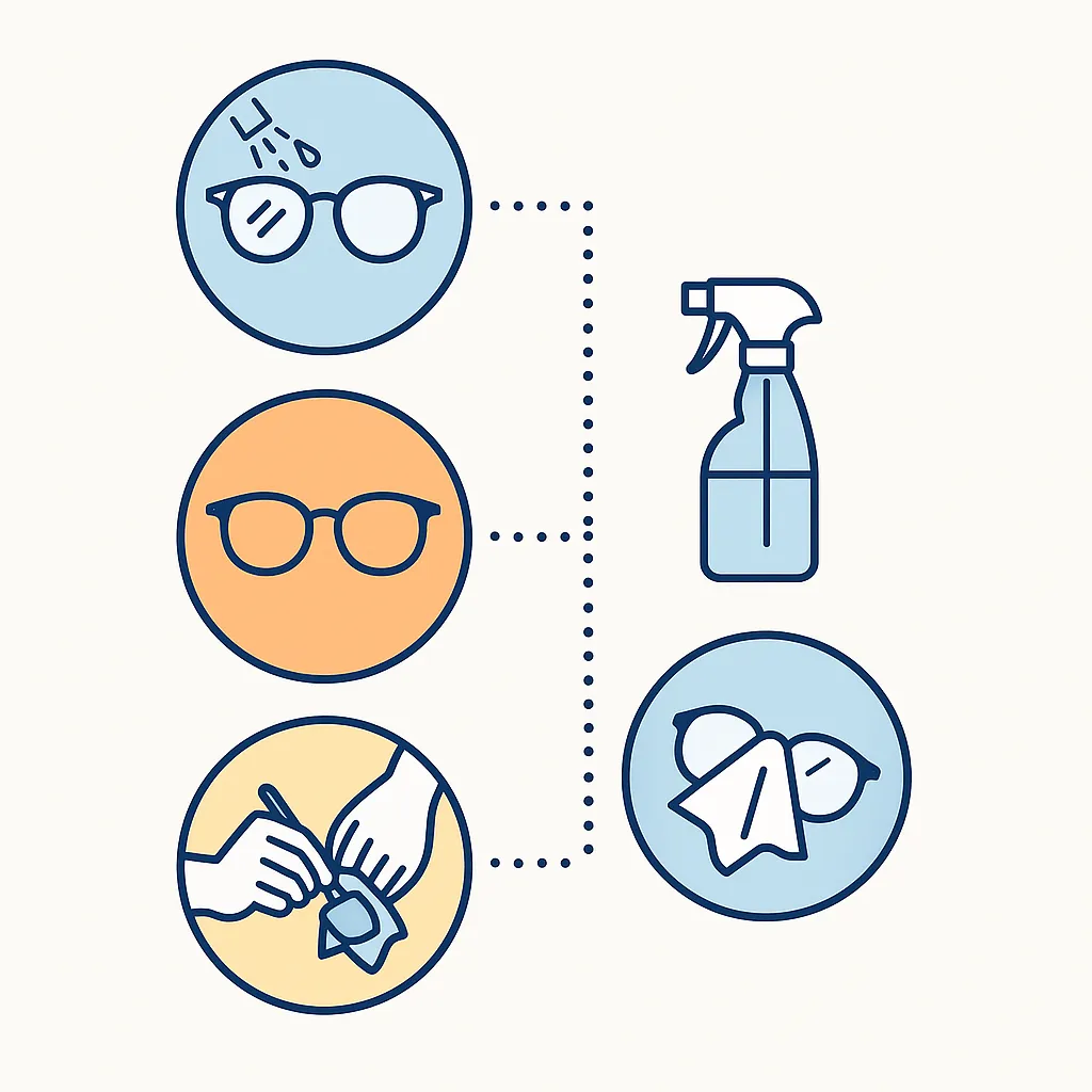 Sequence of icons showing rinsing with water, using cleaning solution, rubbing with a cloth and drying lenses connected by dotted lines.