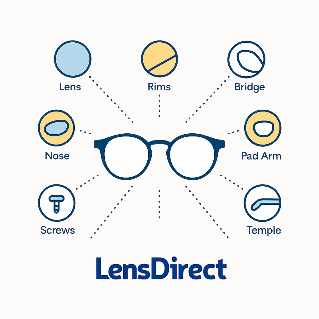 Diagram shows glasses with dotted lines connecting to icons for lenses, rims, bridge, nose pads, pad arms, end pieces, hinges, screws, temples.