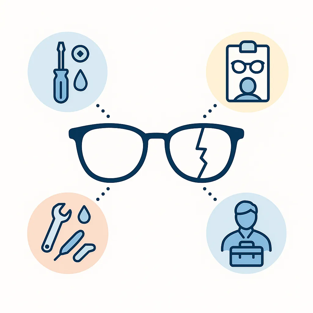 Cracked glasses linked to icons of repair tools and professional service figures representing the choice between home fix and optician.