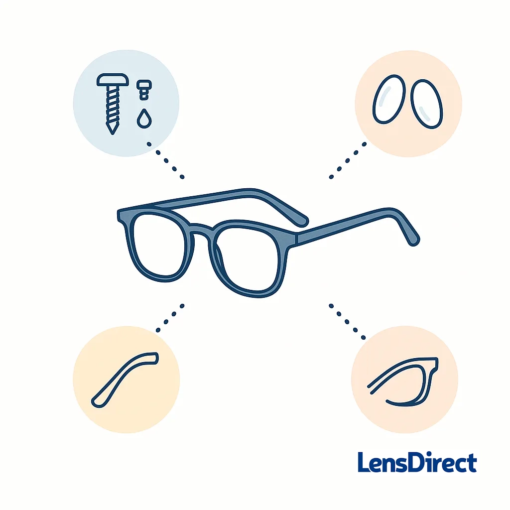 Glasses with dotted lines to icons of screws, replaceable nose pads, temple tips and a bent frame indicating easy home repairs.