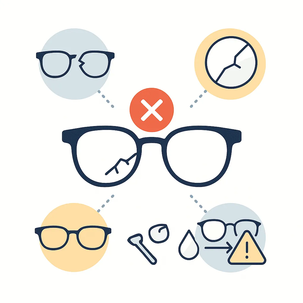 Cracked glasses connected to icons of broken frames, shattered lenses, warped frames and a caution about reusing lenses.