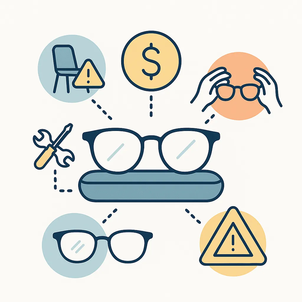 Glasses resting in a case with surrounding icons of a chair caution, coin, careful handling, tools and warning sign to prevent damage.