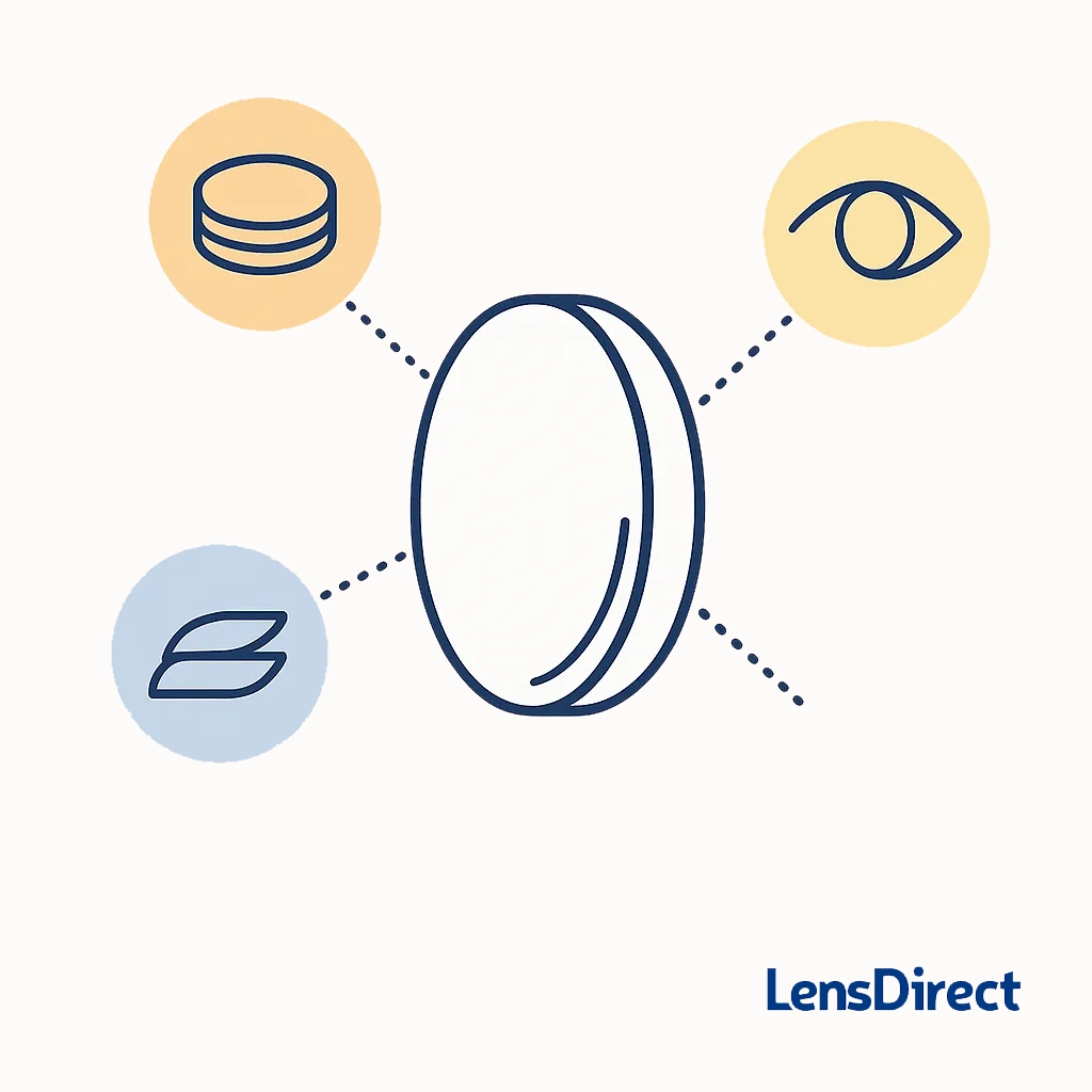 Large stylised lens with dotted lines pointing to icons showing thick and thin lenses and an eye for vision correction.