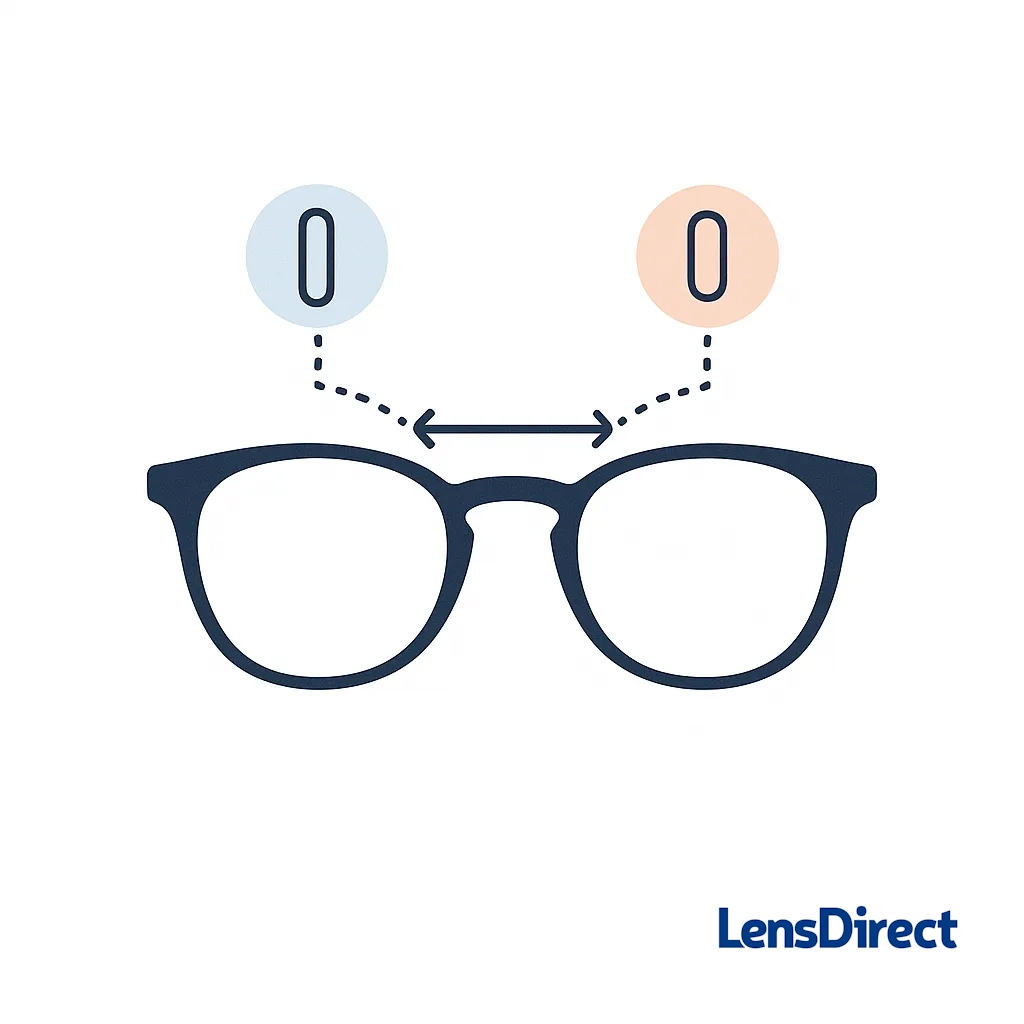 Glasses with a double headed arrow across the bridge and icons showing narrow and wide bridge widths connected by dotted lines.