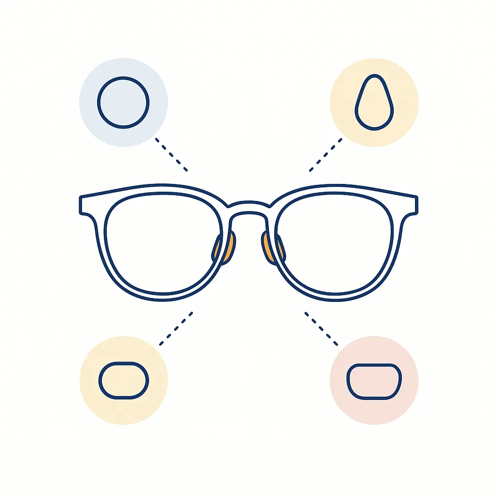 Glasses with highlighted nose pads connected to icons depicting round, teardrop, and oval nose pad shapes.