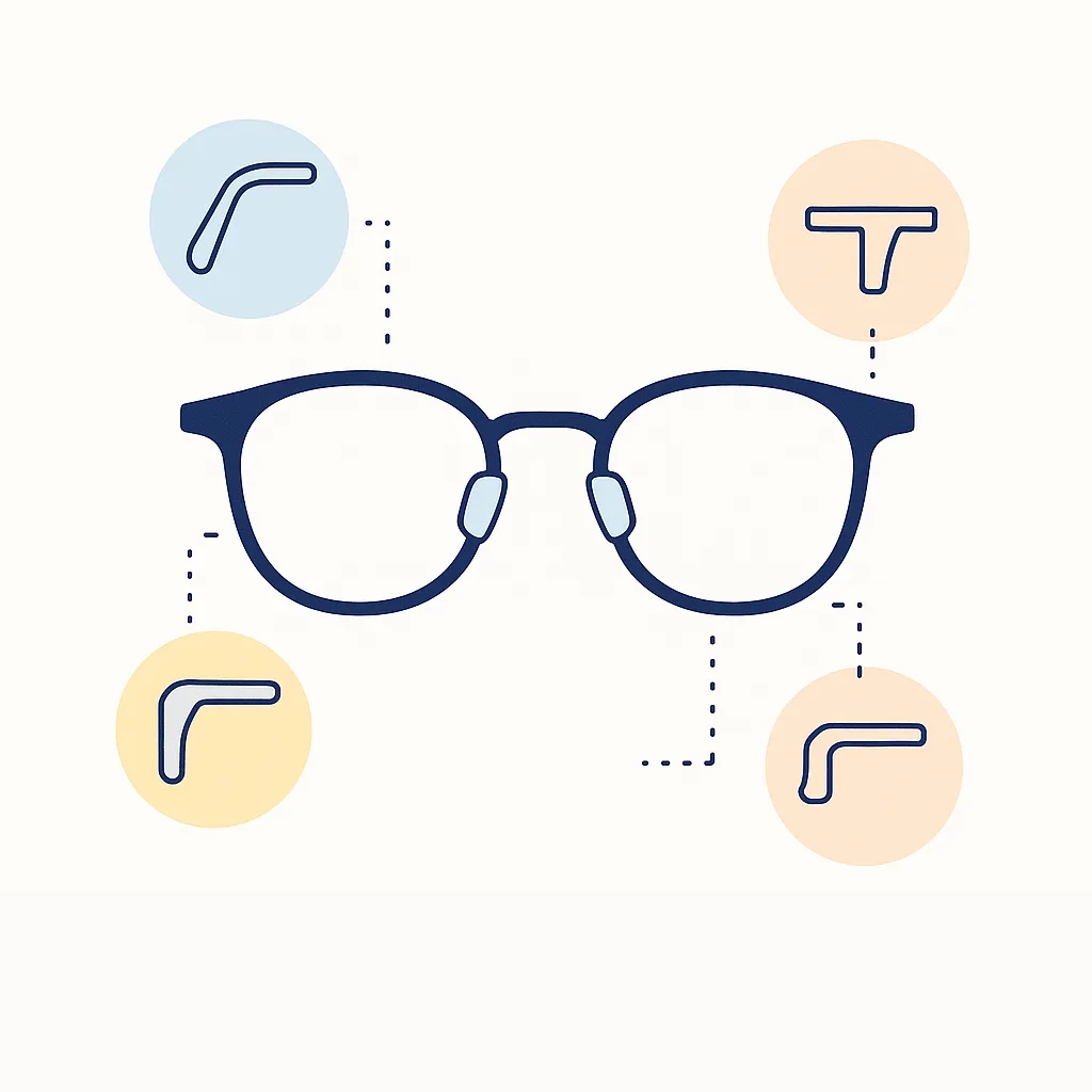 Line art glasses highlighting pad arms and end pieces with dotted lines leading to icons showing different connector shapes.