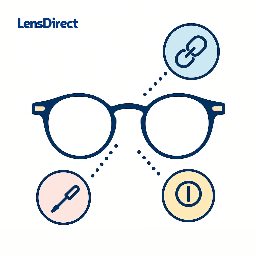Glasses with highlighted hinges accompanied by icons of a chain link hinge, screw head and small screwdriver connected by dotted lines.