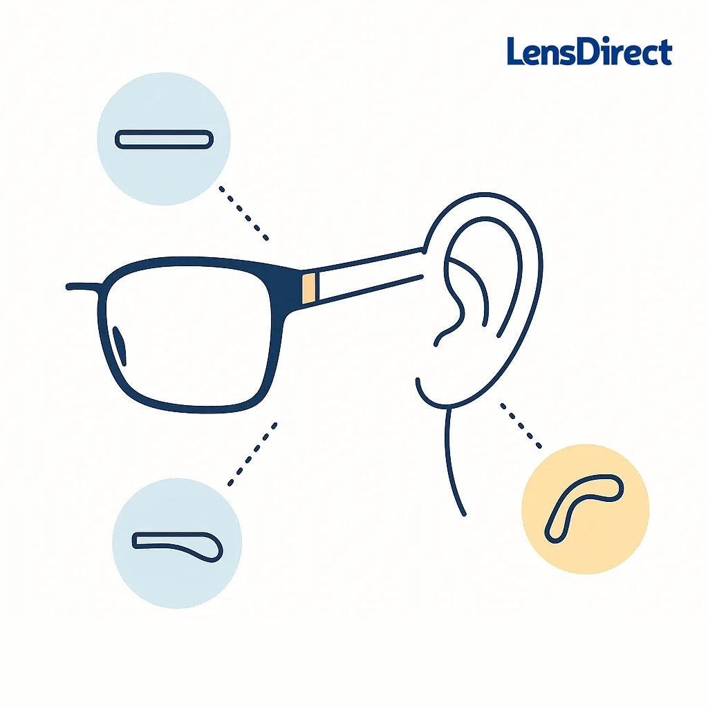 Side view of glasses over an ear with dotted lines pointing to icons of straight and curved temple arm styles.
