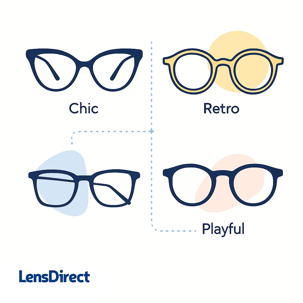 Illustration of chic, retro, modern, and playful eyeglass frames arranged in a grid with pastel accents.