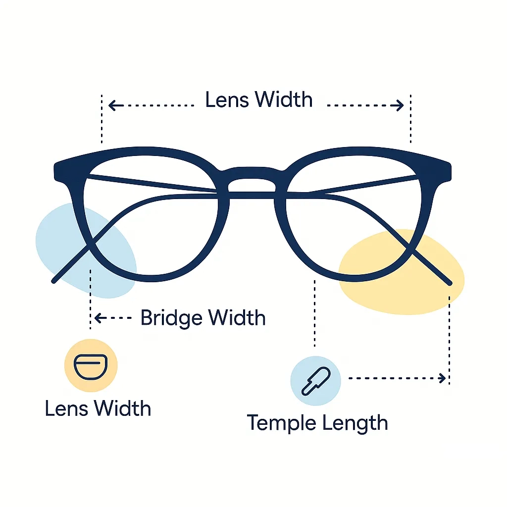 Diagram of eyeglasses highlighting lens width, bridge width, and temple length measurements.