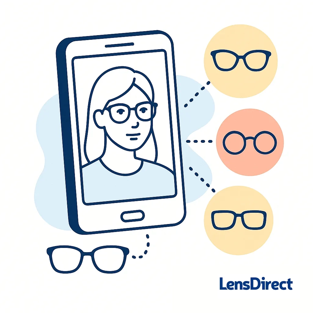 Smartphone showing a woman virtually trying on glasses with dotted-line option icons.