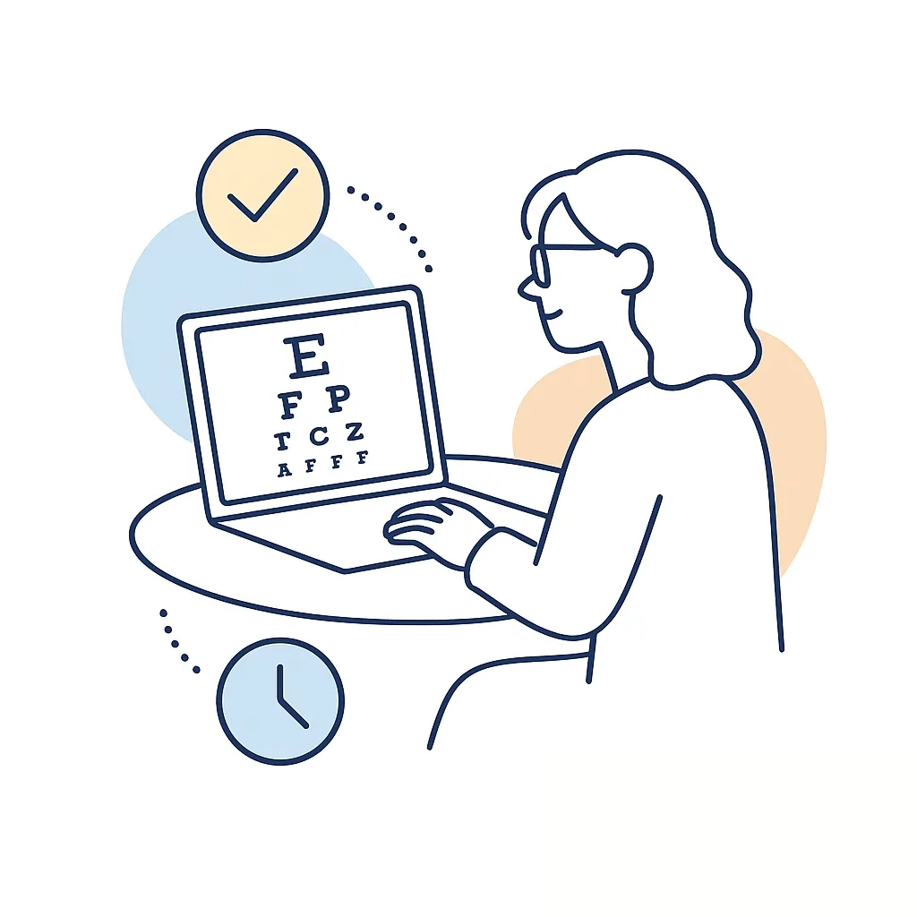 Woman taking an online vision test on a laptop with convenience and time-saving icons.