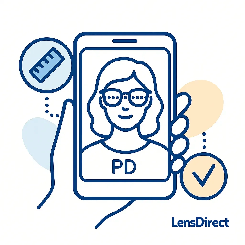 Hand holding smartphone as an app measures pupillary distance with ruler and check icons.