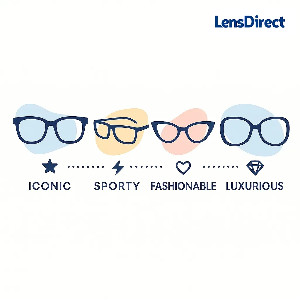 Row of eyeglasses representing iconic, sporty, fashionable, and luxurious brand styles.