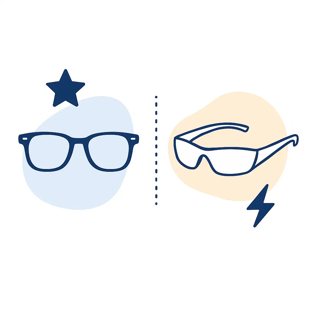 Side-by-side comparison of classic Wayfarer and sleek sporty frames with star and lightning icons.