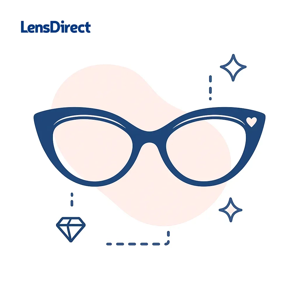 Elegant cat-eye eyeglass frame with heart and diamond accents on pastel backdrop.