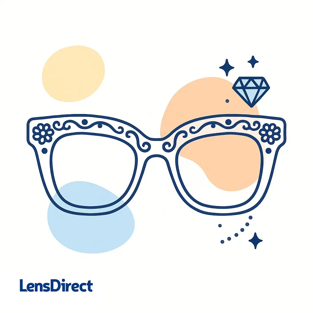 Oversized ornate eyeglass frame with jewel accents illustrating luxury eyewear.