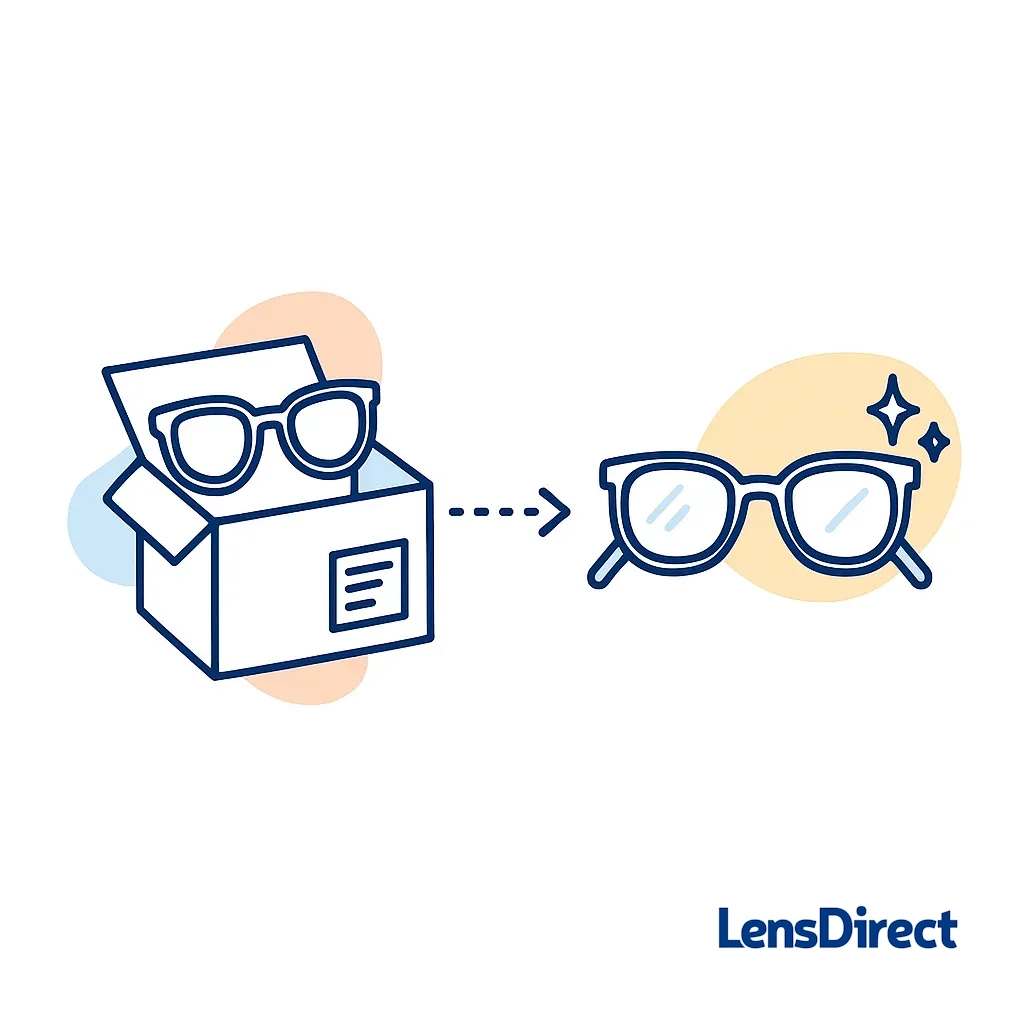 Infographic of glasses sent in a box and returned with sparkling new lenses.