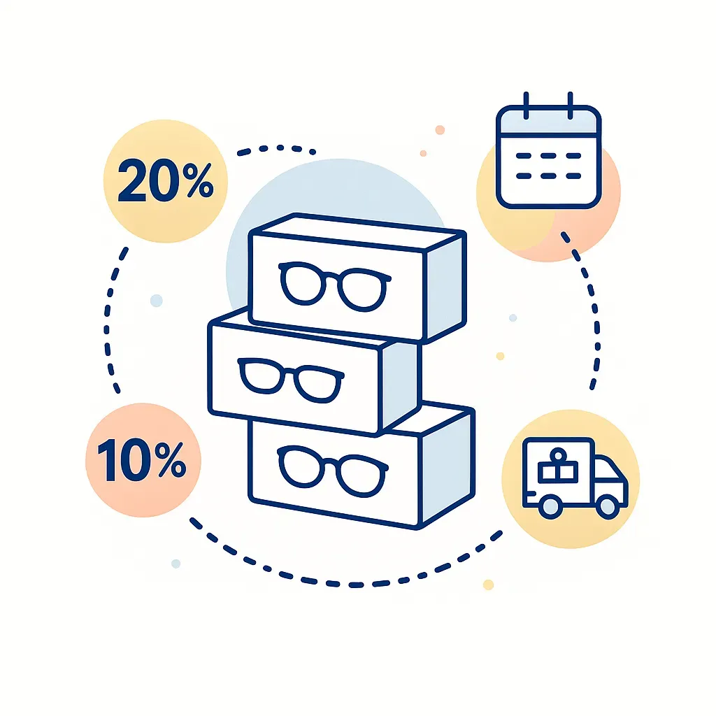 Stack of subscription boxes with discount percentages, calendar, and delivery icons.