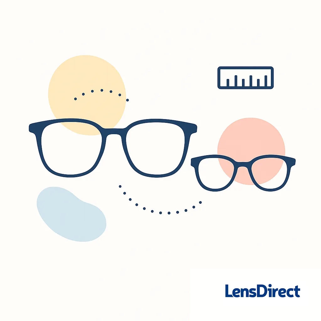 Minimalist comparison of regular vs petite eyeglass frames with dotted lines and measurement icon.