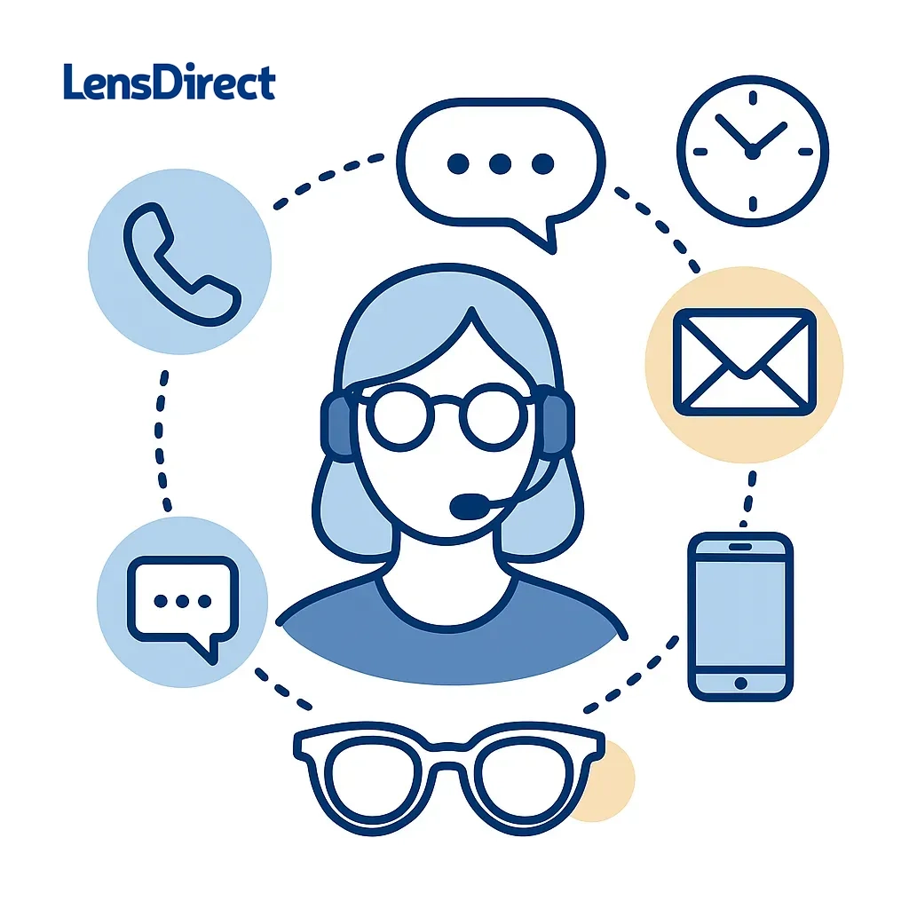 Support agent surrounded by phone, chat, email, text, and clock icons.