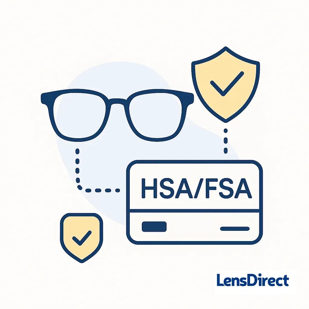 Eyeglasses with HSA/FSA card and shield icons symbolizing insurance and tax savings.