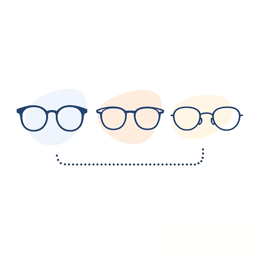 Illustration of three eyeglass types—full rim, semi-rimless, and rimless—on pastel backgrounds.