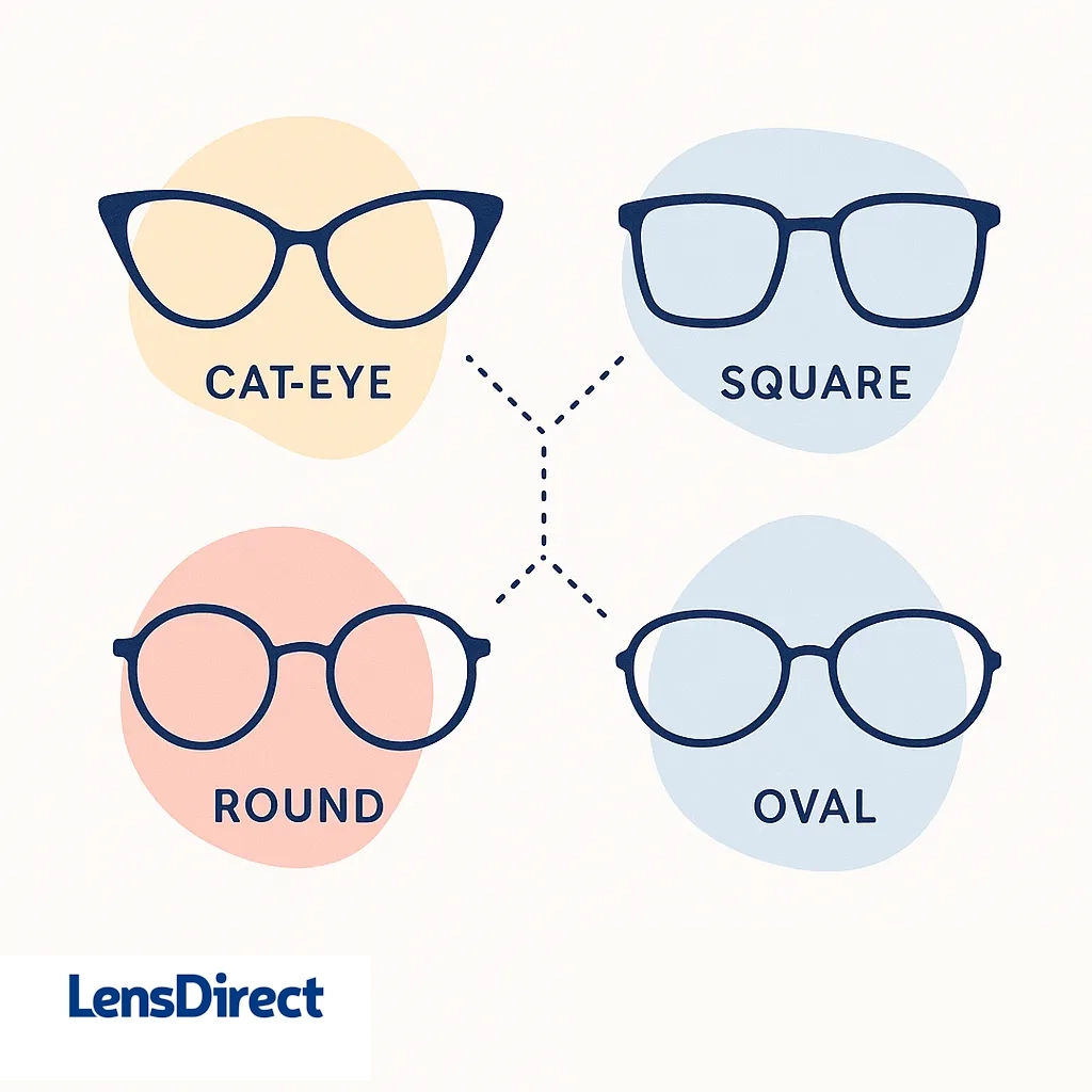 Grid of cat eye, square, round, and oval eyeglass shapes with dotted connectors.