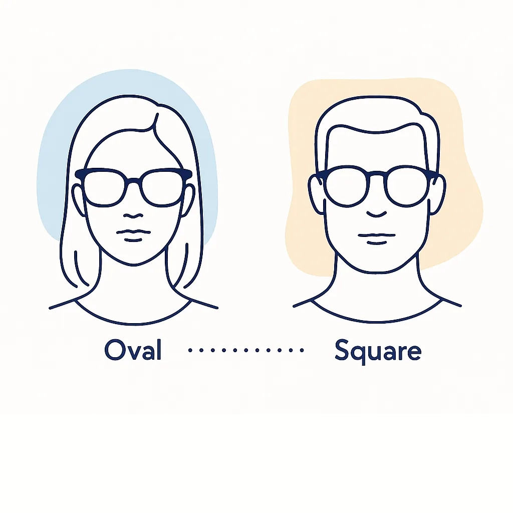 Two head silhouettes with glasses showing best frame styles for oval and square faces.