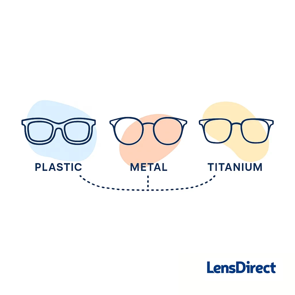 Icons of plastic, metal, and titanium eyeglass frames displayed side by side with dotted lines.