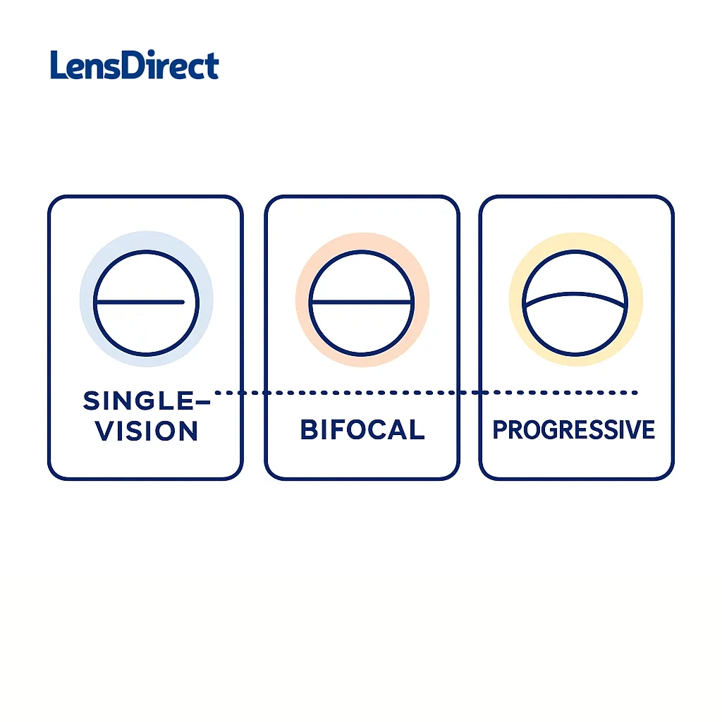 Infographic comparing single vision, bifocal, and progressive lenses with simple diagrams.