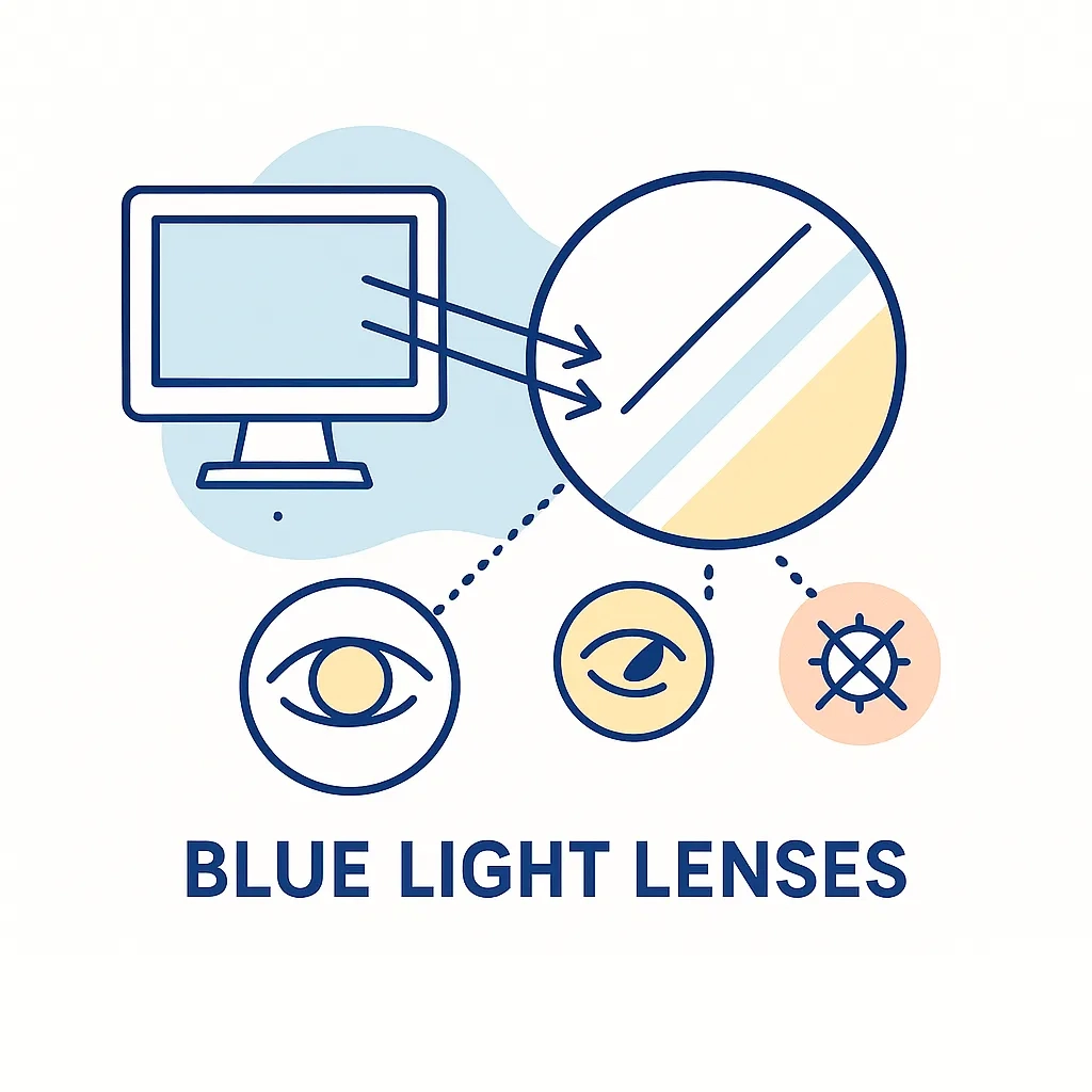 Illustration of a screen emitting rays filtered by a lens, with icons for reduced glare and fatigue.