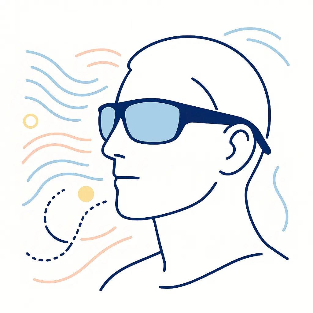 Illustration of wraparound sunglasses hugging a face with curved lenses blocking wind and sunlight.