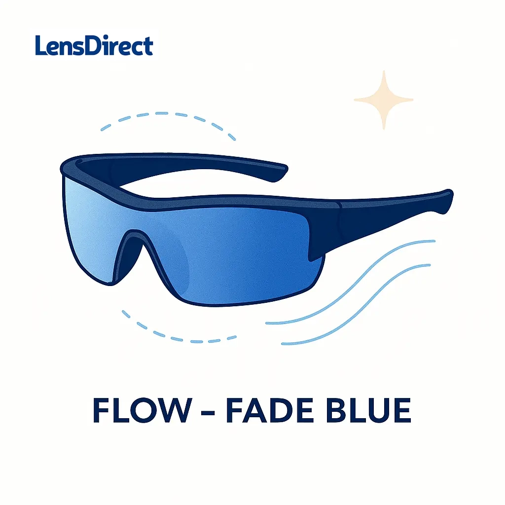 Hero image of Flow Fade Blue wraparound sunglasses with gradient blue mirrored lenses.