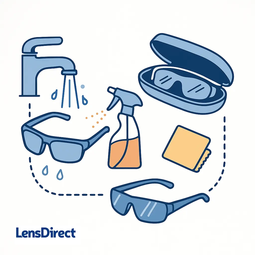 Step-by-step icons showing rinsing, cleaning with spray and cloth, and storing sunglasses in a case.