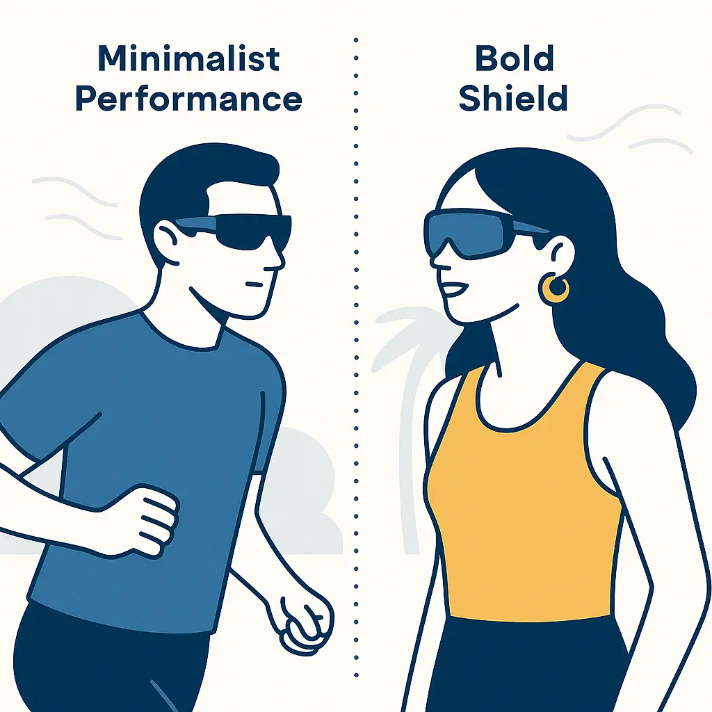 Split image of a runner wearing performance wrap sunglasses and a woman in bold shield sunglasses.