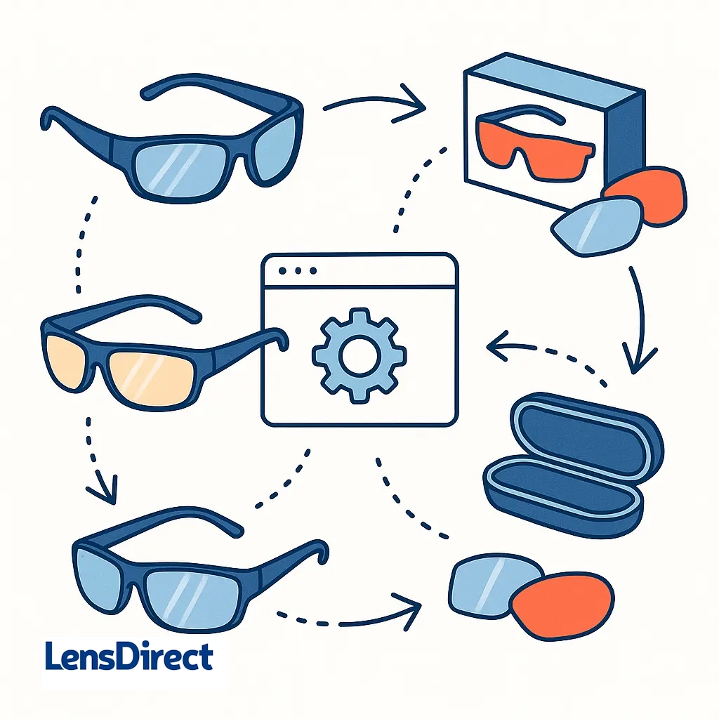 Collage of wraparound sunglasses, replacement lenses, and gear icon connected by dotted arrows.