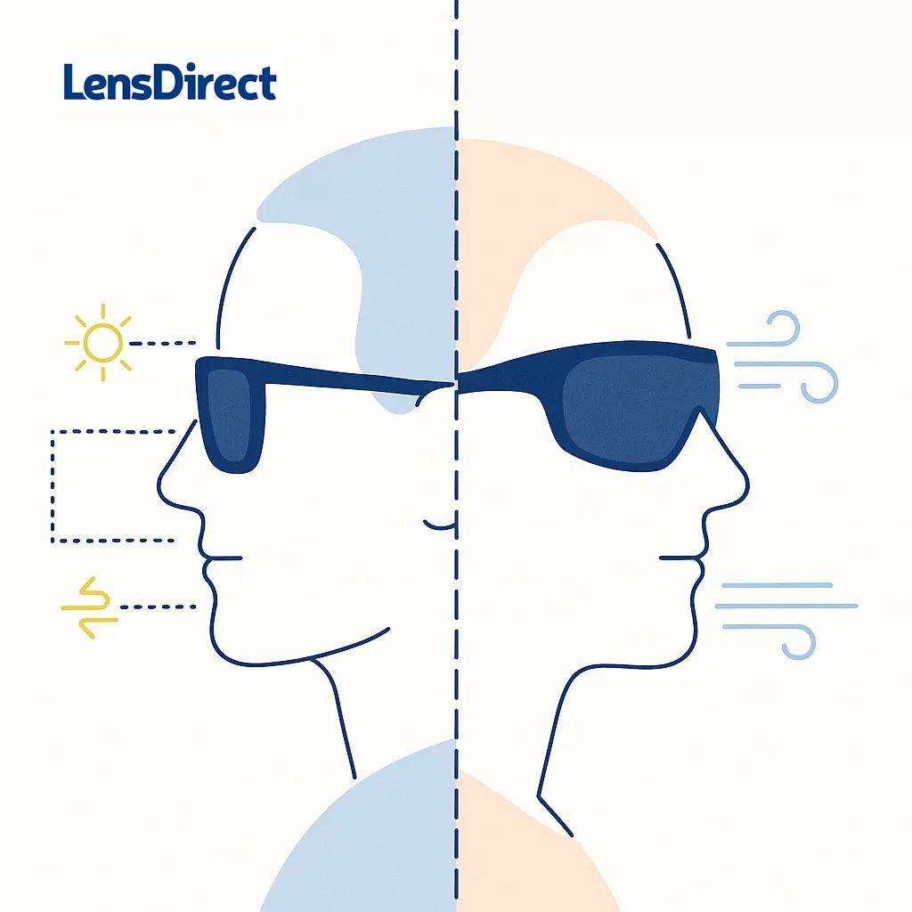 Side-by-side image comparing flat sunglasses letting in glare vs wraparound sunglasses deflecting sun and wind.