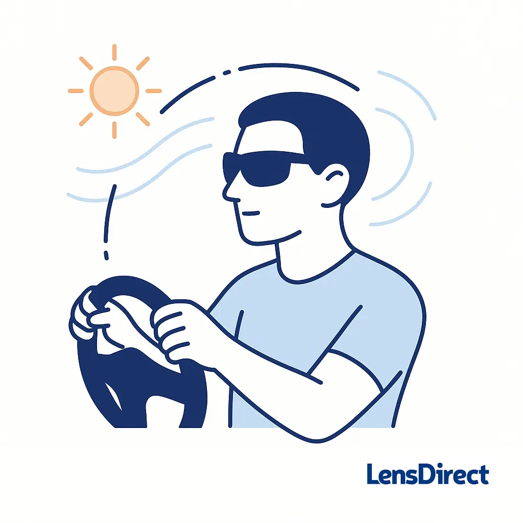 Minimalist scene of a driver wearing wraparound sunglasses with curved lenses deflecting wind and sun.