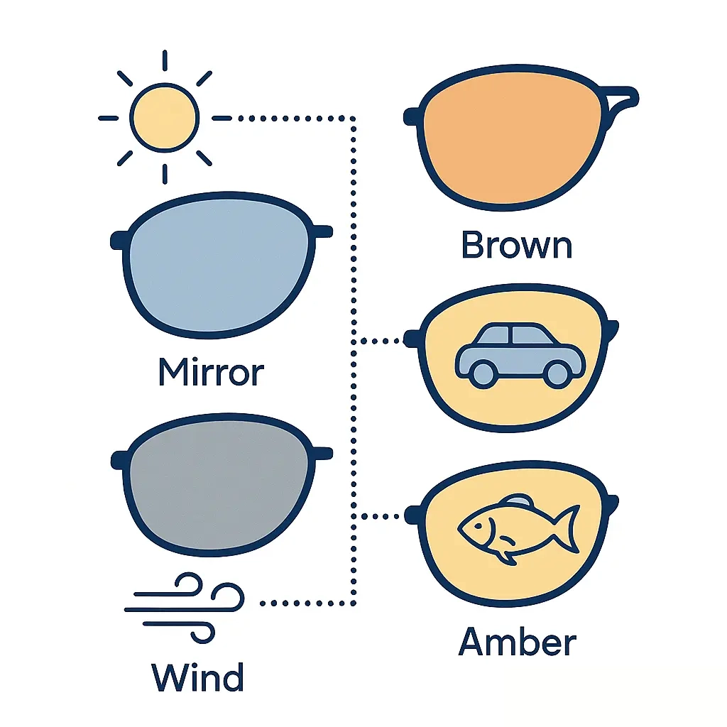 Grid of sunglasses lenses in mirrored, gray, brown, and amber tints connected to icons.